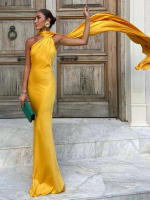 BUNO-Vestido de fiesta con cinta de raso y cuello Halter para mujer, vestidos elegantes sin espalda y con hombros descubiertos, batas lisas para primavera 2025 - details 12