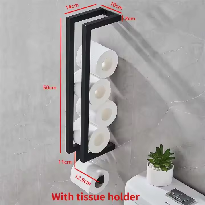 Toallero de rollo de hotel de baño de doble propósito de acero inoxidable negro montado en la pared, estante de papel higiénico - 1