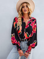 Camisa informal con estampado Vintage para mujer, blusa Retro para mujer, Top de manga larga con solapa y botonadura única, primavera y verano - details 1