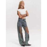 Jeans de cambio gradual de corte para mujer, jeans de tiro bajo con parche de malla, jeans retro sueltos de pierna ancha - details 1
