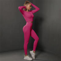 Conjuntos de gimnasio para mujeres 2 piezas manga larga ropa de yoga top cropped costilla alta leggings sin costuras material elástico para primavera/verano - details 11