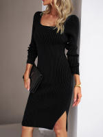 Vestido de punto acanalado para mujer, suéter ajustado con aberturas, elegante, de manga larga, otoño e invierno, 2023 - details 1