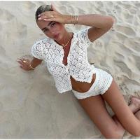 Conjunto de camisa de punto con cuello redondo para mujer, traje elegante de ganchillo con agujeros, pantalones cortos de cintura alta, trajes de vacaciones para mujer, verano - details 12