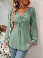 Blusa acampanada de manga larga con cuello en V para mujer, camiseta Sexy con cordón en la cintura, Tops elegantes para primavera y otoño, 2023 - details 15