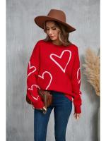 Suéteres de punto para mujer, Jersey holgado con estampado de corazón grande, cuello redondo, manga larga, estilo Harajuku coreano, blanco - details 2