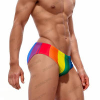 Jessborn calzoncillos de baño para hombre, traje de baño sexy con rayas gruesas de arcoíris, pantalones cortos de cintura baja para surfear en la playa, primavera caliente - details 1
