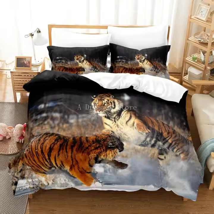 Juego de Ropa de Cama de Tigre 3D Funda de Edredón Marrón, Cubierta de Edredón - 1