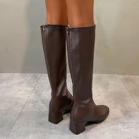 Botas De Tacón Grueso De Color Sólido Para Mujer, Botas De Piel Sintética Con Cremallera Trasera A La Moda - details 8