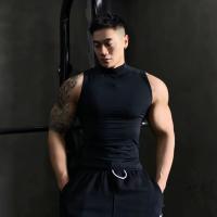 Ropa deportiva para hombre musculoso, camiseta deportiva sólida sin mangas, cuello alto elástico - details 1