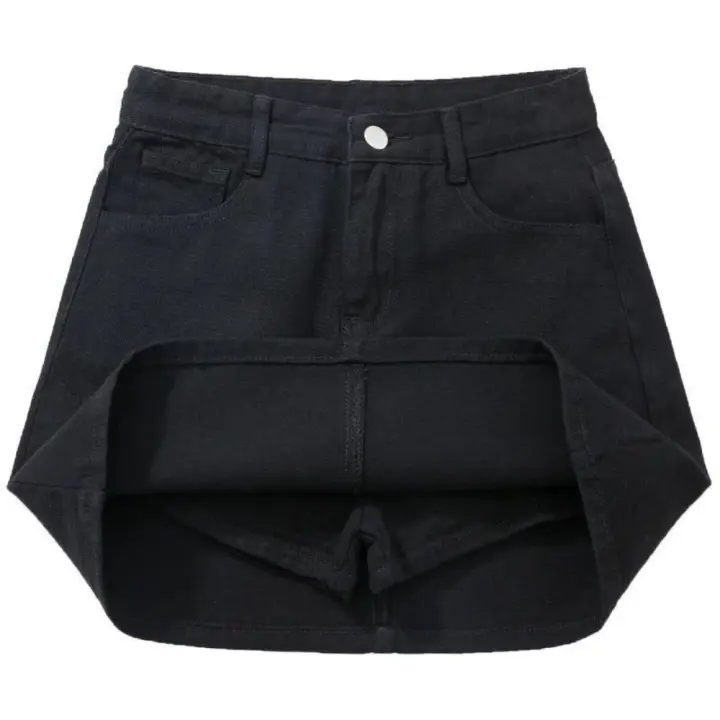 Incluye pantalones cortos, falda acampanada de cintura alta, pierna ancha, pantalones cortos de mezclilla con dos bolsillos, falda para mujer, ropa de calle de cintura alta - 1
