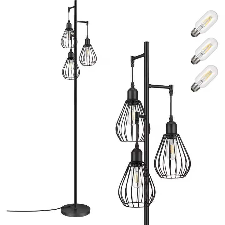 Lámpara de Pie LED Vintage Regulable, 3 Pantallas de Jaula en Forma de Lágrima, Bombillas E27 - 1
