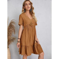 Vestido corto bohemio de verano para mujer, minivestido holgado de manga corta con cuello en V y volantes, informal - details 5