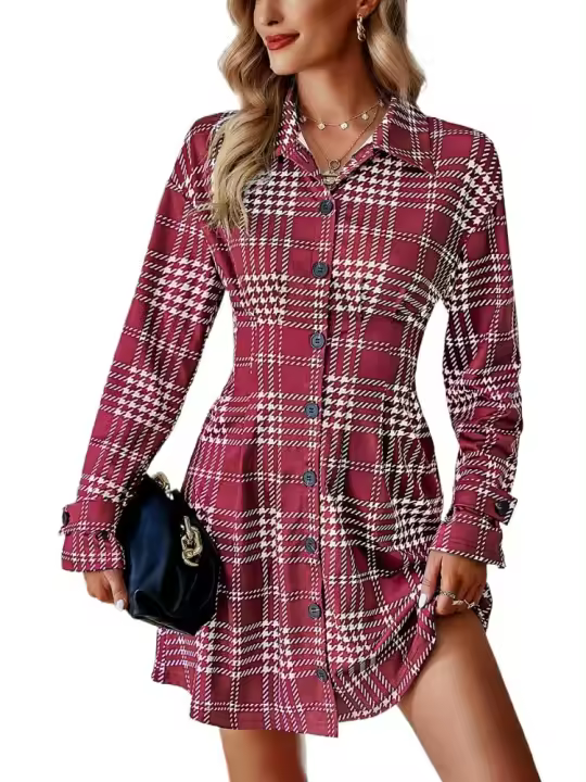 Vestido camisero de manga larga para mujer, elegante a cuadros, elástico de una pieza, moda coreana, informal, para fiesta - 1