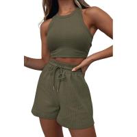 Conjunto de dos piezas de verano para mujer, chaleco sin mangas de color sólido con textura gofre y pantalones cortos casuales de moda. - details 47