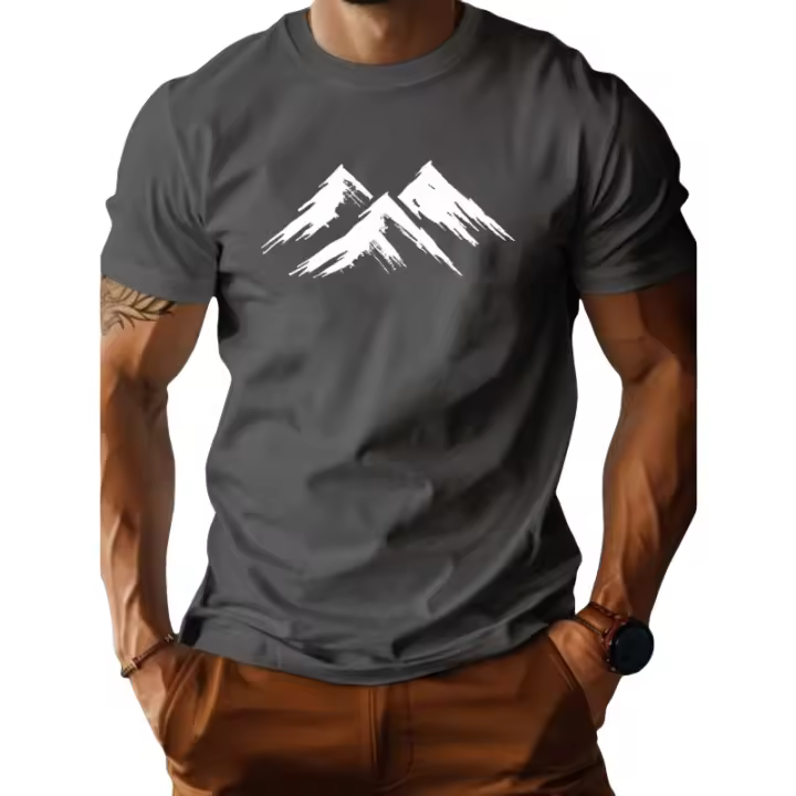 Camiseta de Verano Casual para Hombres 100% Algodón Cuello Redondo Estampado de Montaña - 1