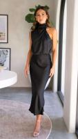Elegante Vestido Largo de Satén de Color Sólido Cuello Halter sin Mangas Ideal para Fiestas - details 16