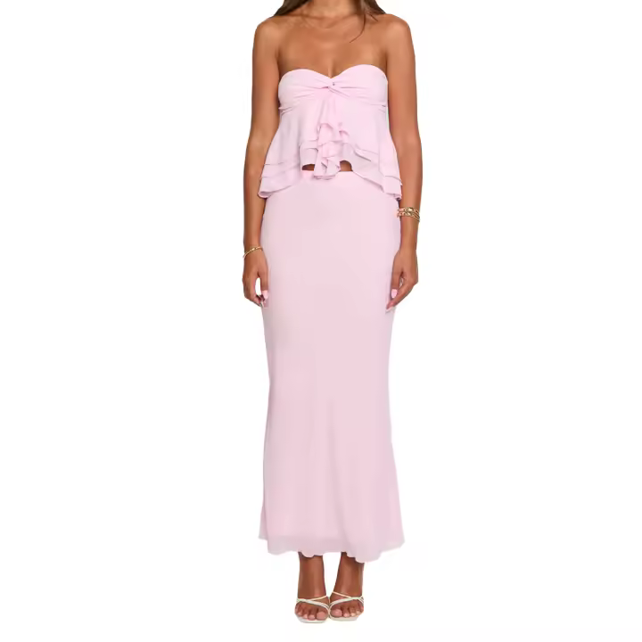 Conjunto de 2 piezas de faldas para mujer, color sólido, con volantes, sin tirantes, faldas largas de cintura alta, conjunto de ropa para fiesta y club - 1