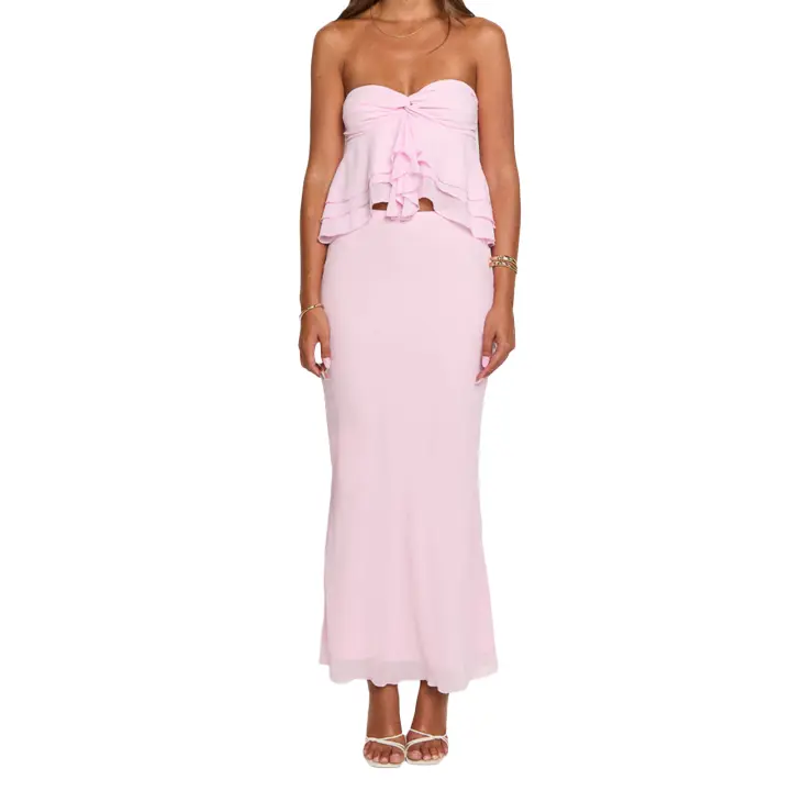 Conjunto de 2 piezas de faldas para mujer, color sólido, con volantes, sin tirantes, faldas largas de cintura alta, conjunto de ropa para fiesta y club - 1