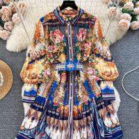 Minivestido playero de verano para mujer, Vestido holgado de gasa con mangas largas acampanadas y cinturón con estampado Vintage, con cordones, 6259 - details 15