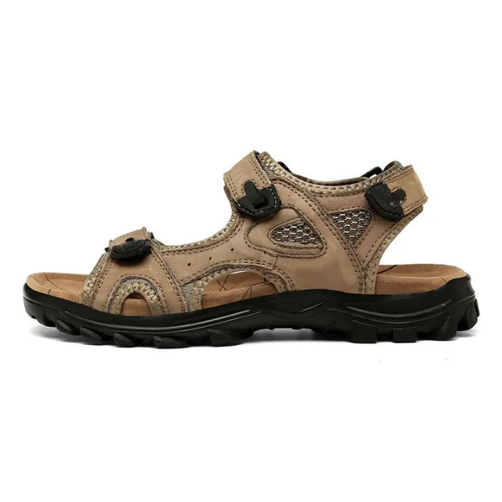 Sandalias de piel de vaca de primera capa para exteriores, sandalias de senderismo de verano de gran tamaño, zapatos de playa con punta abierta para hombres - 1
