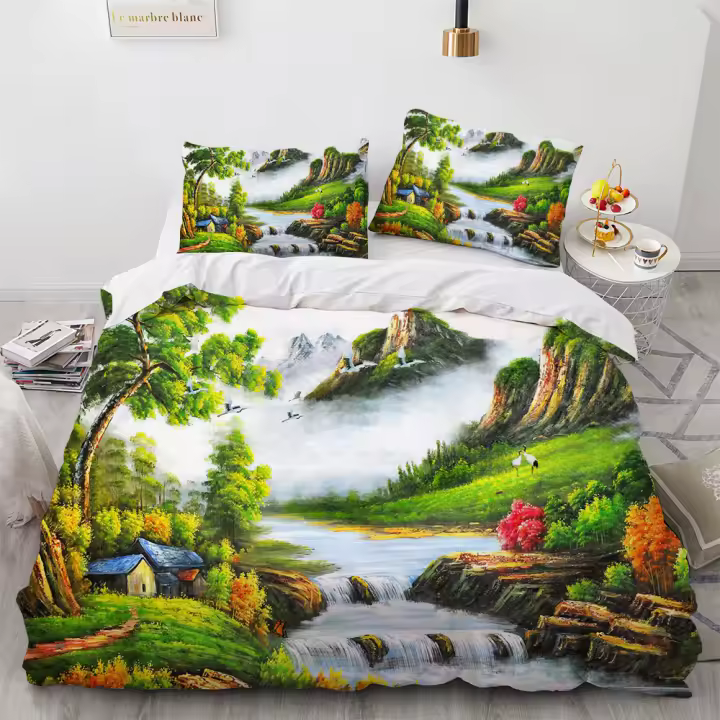 Juego de Cubierta de Edredón de Poliéster Diseño de Árbol de Casa con Estilo Pintado - 1