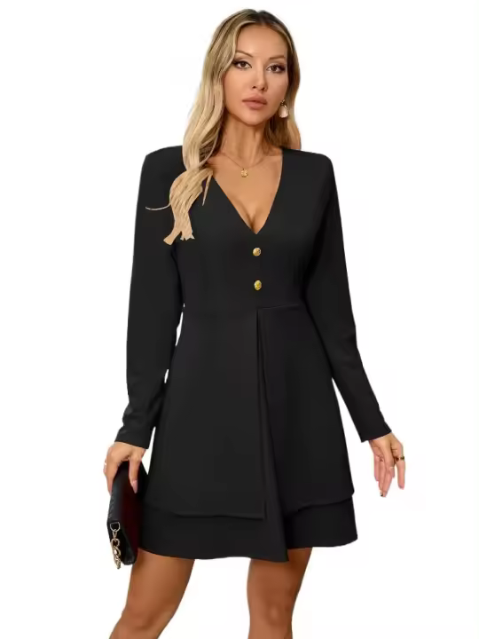2025 Primavera y otoño Vestido de manga larga para mujer Color sólido, estilo suelto Retro XL - 1