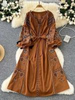Vestido largo ceñido a la cintura con mangas abullonadas bordadas para primavera y otoño de estilo étnico bohemio para mujer A155 - details 1