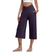 2024 primavera y verano mujeres elástico cintura alta 3/4 pantalón sólido Casual ajuste activo pantalones de pierna Capris anchos pantalones con bolsillos - details 61