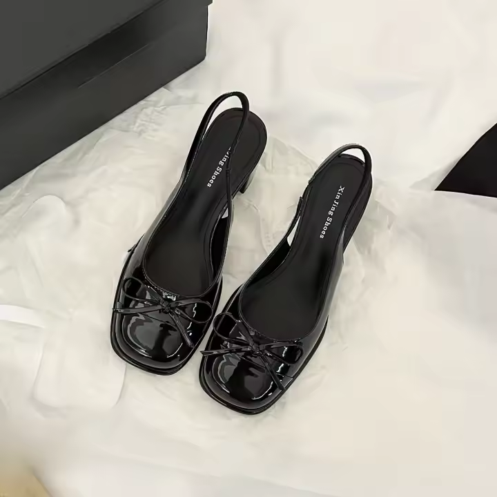 Temperamento bolsa cabeza solo zapatos zapatos de las mujeres nuevo tacón grueso charol lazo rojo boca poco profunda tacón medio zapatos individuales - 1