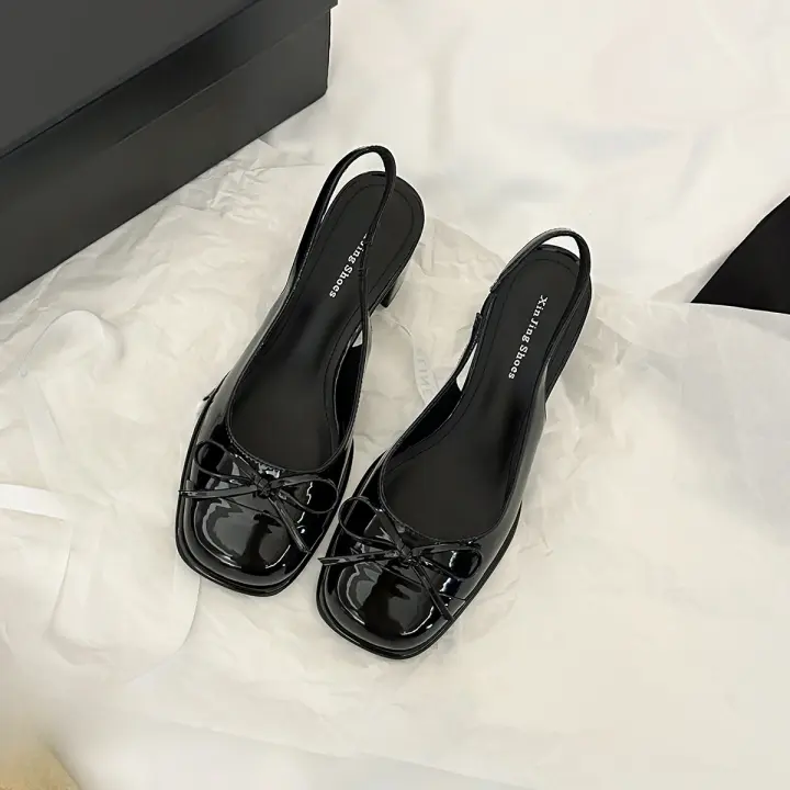 Temperamento bolsa cabeza solo zapatos zapatos de las mujeres nuevo tacón grueso charol lazo rojo boca poco profunda tacón medio zapatos individuales - 1