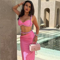 BUNO-Conjunto de 2 piezas con trenza de Color de gato extraño para mujer, Tops con sujetador + faldas ajustadas, vendaje con abertura lateral, trajes de tendencia para fiesta en la playa y vacaciones fruncidos - details 5