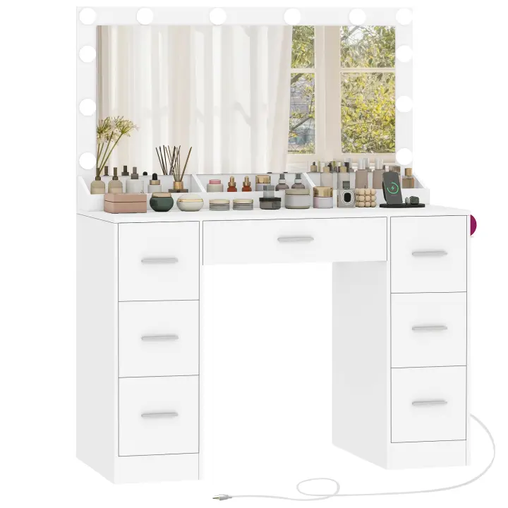 Tocador grande con iluminación, tocador con 7 cajones y 3 celdas abiertas, San Valentín, tocador con espejo y enchufe, cómoda moderna, dormitorio, blanco - 1