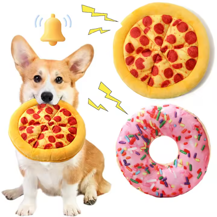 Juguete de peluche para perros con forma de Donut y Pizza, juguetes chirriantes para perros pequeños y grandes, limpieza de dientes, juguete con sonido para masticar cachorros, suministros para mascotas - 1