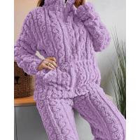 Conjunto De Pijamas De Dos Piezas Para Mujer, Conjunto De Top Y Pantalones De Manga Larga Con Cuello Levantado Texturizado De Jacquard Y Cremallera, Grueso Y Cálido, Otoño - details 5