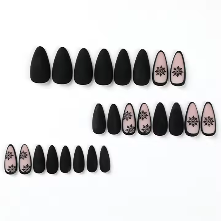 24 Uds., uñas largas y heladas negras con estampado de copos de nieve, Material seguro e impermeable para decoración de uñas DIY - 1