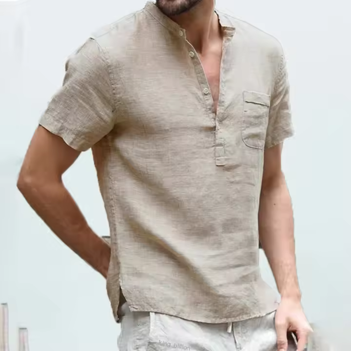 Camiseta informal de algodón y lino para hombre, camisa fina con cuello en V, tops transpirables para hombre - 1
