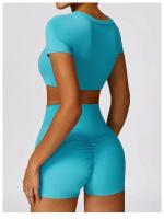 Conjunto de mallas de yoga, top, conjunto deportivo Fiess de manga corta, material de nailon para mujer, patrón sólido adaptable para primavera/verano - details 6