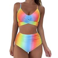 Traje de baño dividido de cintura alta para mujer, bikini multicolor con estampado de cuello halter cruzado - details 9