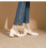 Zapatos individuales de tacón grueso cosidos con lazo de nuevo estilo, zapatos de mujer de tacón medio. - details 10