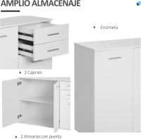 Aparador Armario de Cocina con 2 Puertas Buffet de Salón con 2 Cajones Estante Ajustable Estilo Moderno para Comedor 106x35x76cm Blanco Brillante - details 3