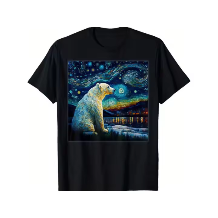 Camiseta de oso polar de cielo estrellado Camiseta de manga corta casual cómoda de verano para hombre Camiseta de manga corta con un color de algas rojas de 230 g, estilo superior informal - 1