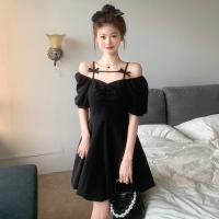 Vestido negro adelgazante con manga acampanada, vestido corto ceñido con un hombro y cintura, para ir al trabajo, temporada de verano, manga corta, Color puro - details 4