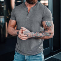 Camiseta de manga corta Henley para hombre, camisa informal de algodón, gris oscuro, M-6XL - details 6
