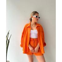 Conjunto de dos piezas para mujer, camisa de manga larga con cuello vuelto de tela arrugada, pantalones cortos con cordón de cintura alta, moda informal de talla grande - details 21