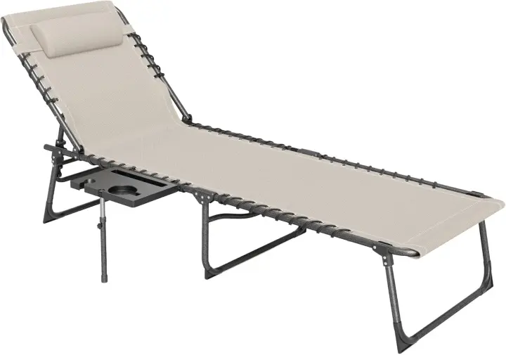 Plegable Tumbona Jardín Exterior con Respaldo Ajustable Reposacabezas Bolsillo Lateral Bandeja y Estructura de Acero Carga 120 kg para Terraza Piscina Playa 190x60x31 cm Crema - 1