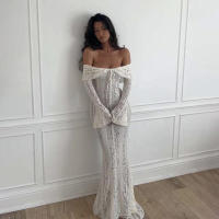 BUNO-Oligai elegante vestido ajustado con hombros descubiertos 2025 nuevo en blanco vestido largo de encaje con mangas acampanadas vestido de invitados de boda para mujer - details 13