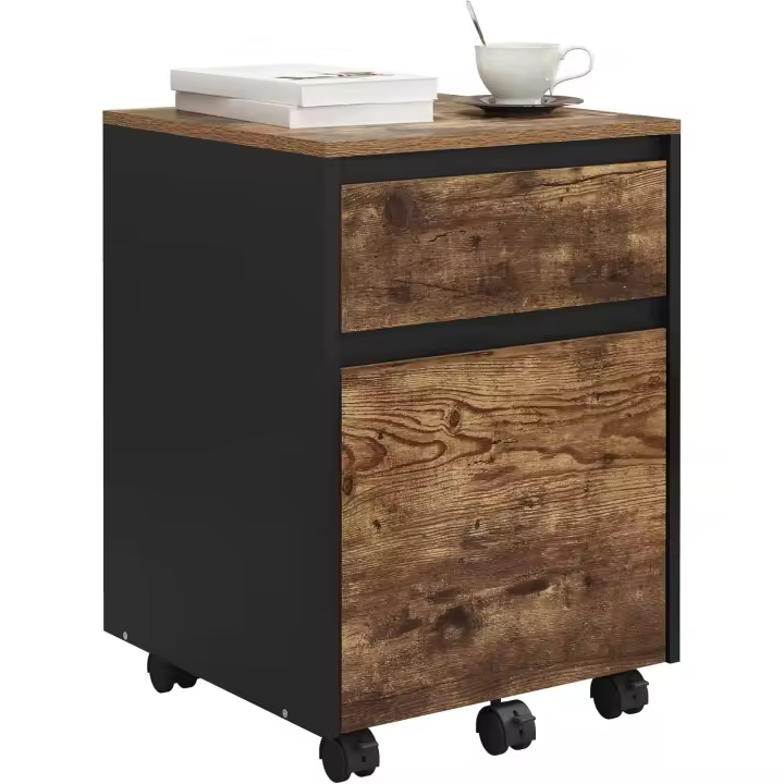 Archivador con 2 Cajones y Barra Colgante, Cajonera Escritorio con Ruedas, Mueble Oficina de Almacenamiento, Armario Archivador para Carpetas y Archivos A4, Marrón Rústico, 40x40x56 cm,ASK11hov - 1