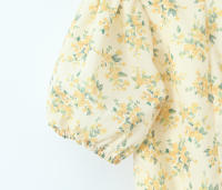 New Women Vintage Puff Short Sleeve V Neck Yellow Floral Print Dress Pleated Hem Female Holiday Summer Mini Robe - details 12