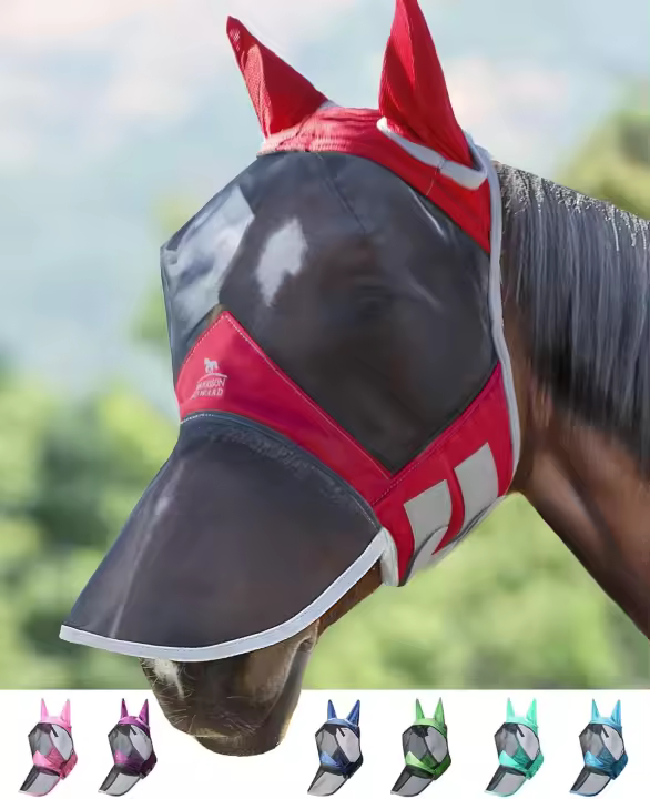 Máscara de mosca de caballo luminosa, gran espacio de ojos, nariz larga con orejas, protección UV para caballo - 1