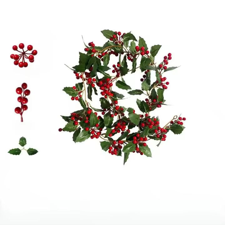 Corona de Navidad de Bayas Rojas, Guirnalda de Bayas Artificiales flexibles para interiores y Exteriores, decoraciones de chimenea para el hogar, Vacaciones de Navidad de Invierno, decoraciones de Año Nuevo - 1
